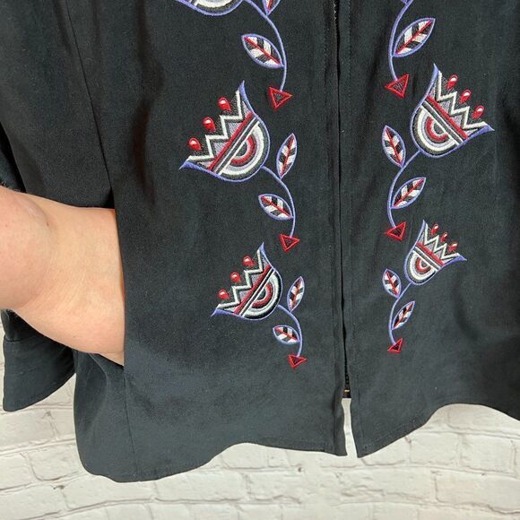 BOB MACKIE WEARABLE ART black embroidered full zip blouse top shirt size S - Picture 4 of 9